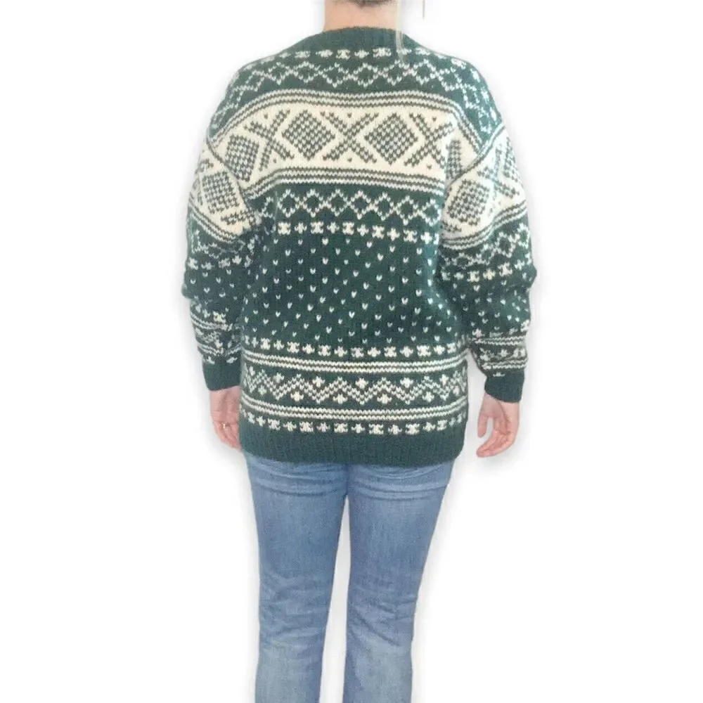 Vintage Joseph Anthony Collection Handknitted Wool Cardigan Sweater Green Cream